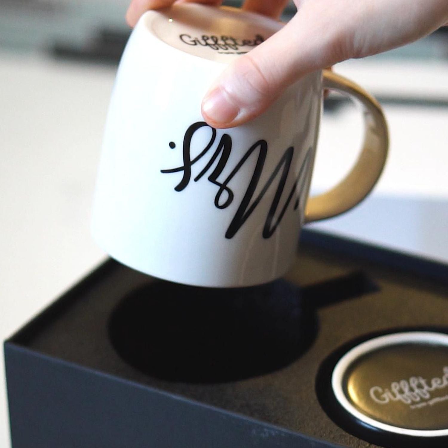 Black & White Mr. and Mrs. Mugs in Ribboned Gift Box