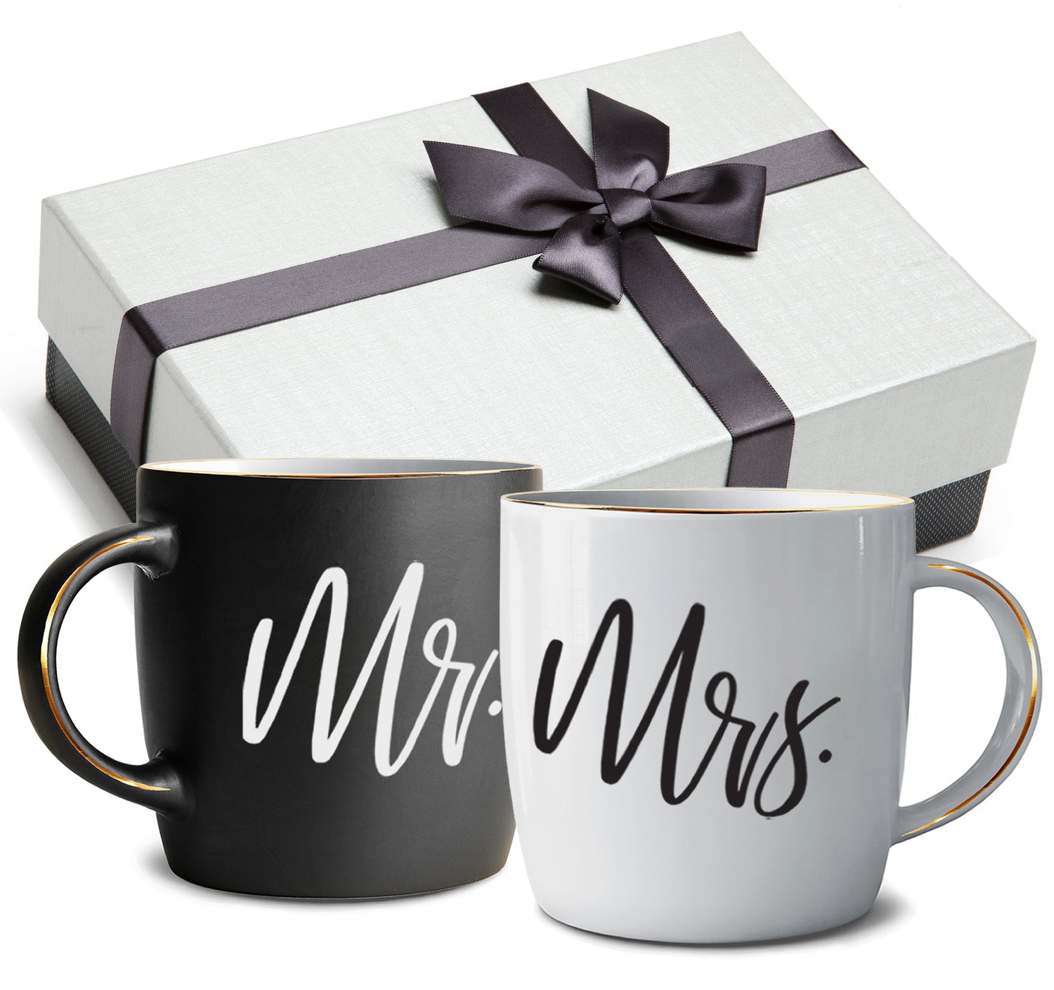 Black &amp; White Mr. and Mrs. Mugs in Ribboned Gift Box