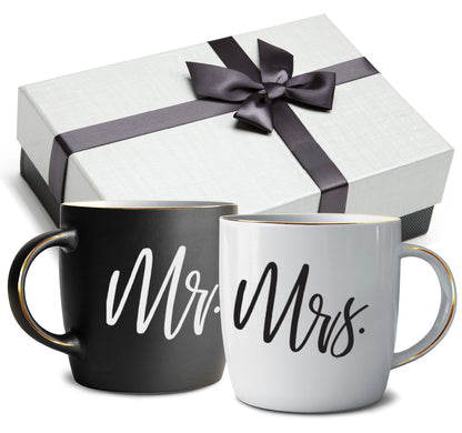 Black &amp; White Mr. and Mrs. Mugs in Ribboned Gift Box