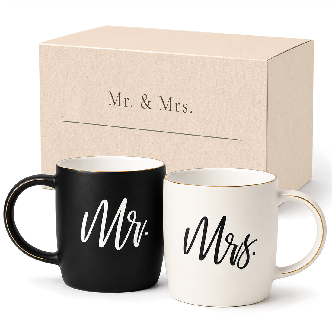 Black &amp; White Mr. and Mrs. Mugs with Gold Details in Gift Box