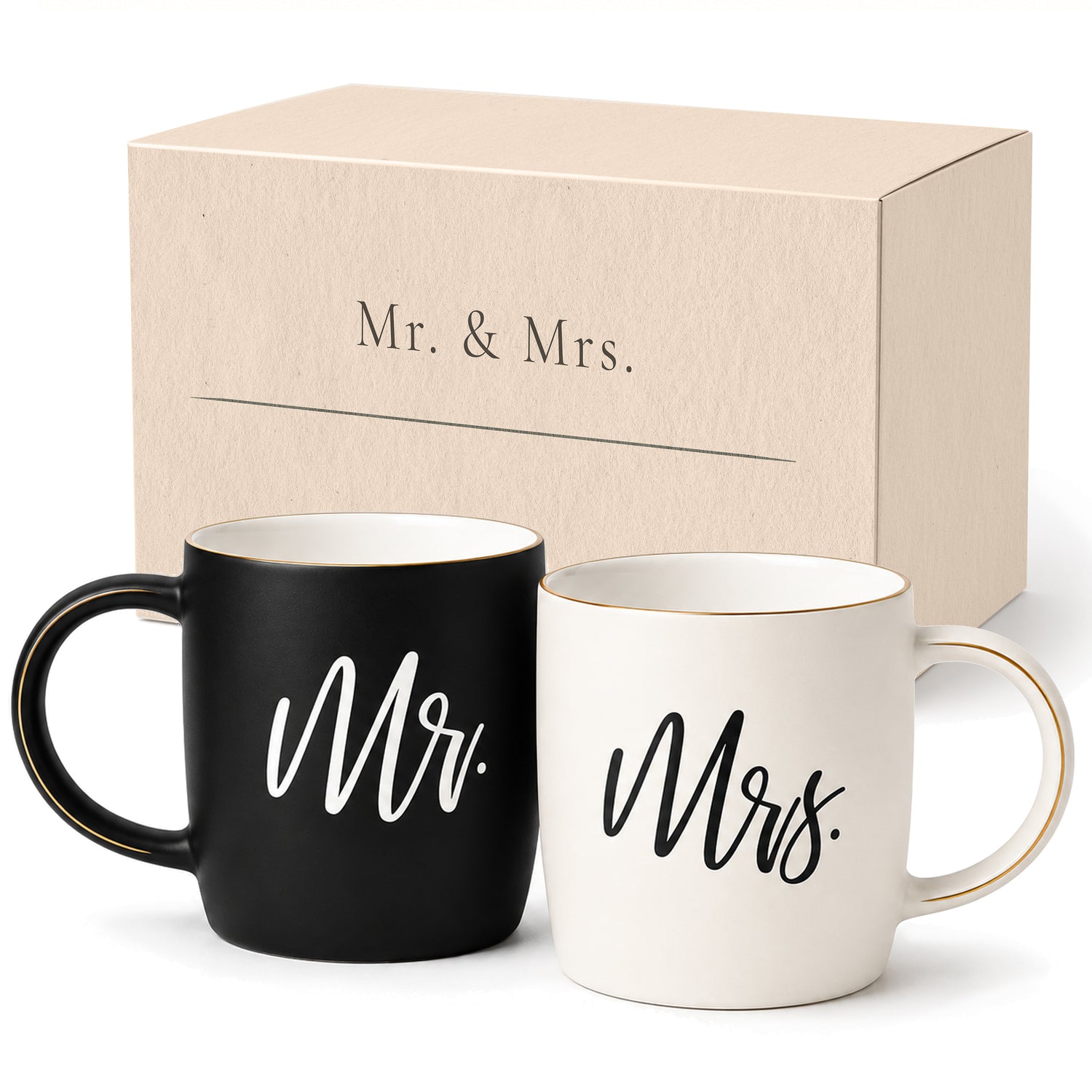 Black &amp; White Mr. and Mrs. Mugs with Gold Details in Gift Box