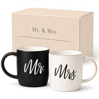 Black &amp; White Mr. and Mrs. Mugs with Gold Details in Gift Box