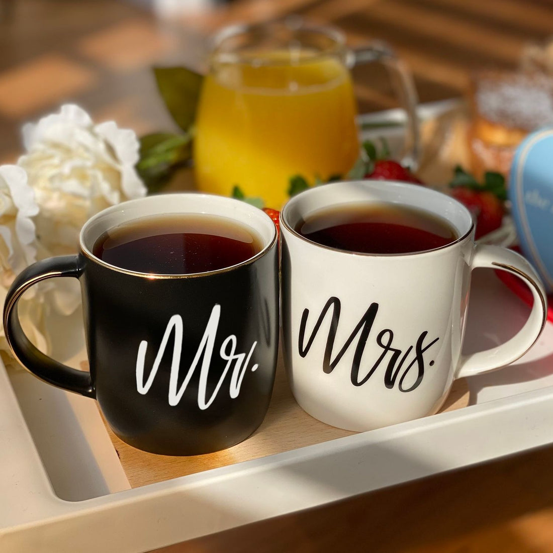 Black &amp; White Mr. and Mrs. Mugs in Ribboned Gift Box