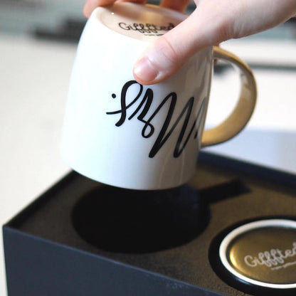 Black &amp; White Mr. and Mrs. Mugs in Ribboned Gift Box