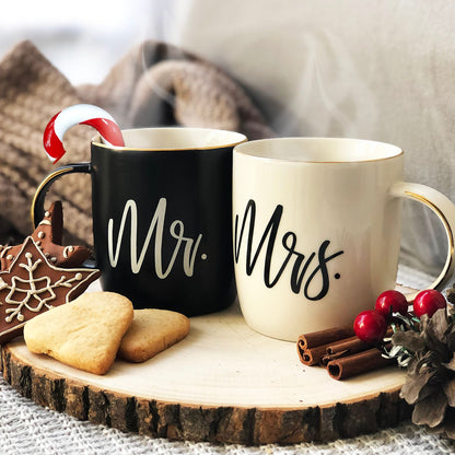 Black &amp; White Mr. and Mrs. Mugs in Ribboned Gift Box