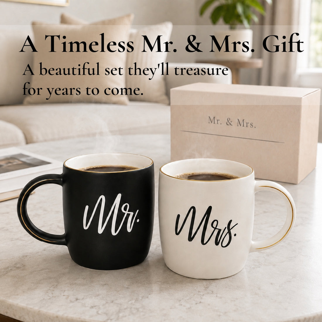 Black &amp; White Mr. and Mrs. Mugs with Gold Details in Gift Box