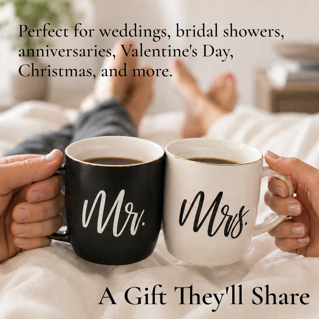 Black &amp; White Mr. and Mrs. Mugs with Gold Details in Gift Box