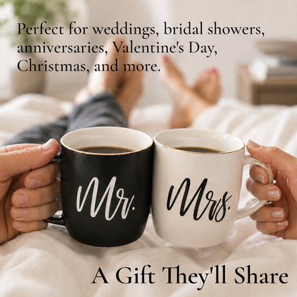 Black &amp; White Mr. and Mrs. Mugs with Gold Details in Gift Box