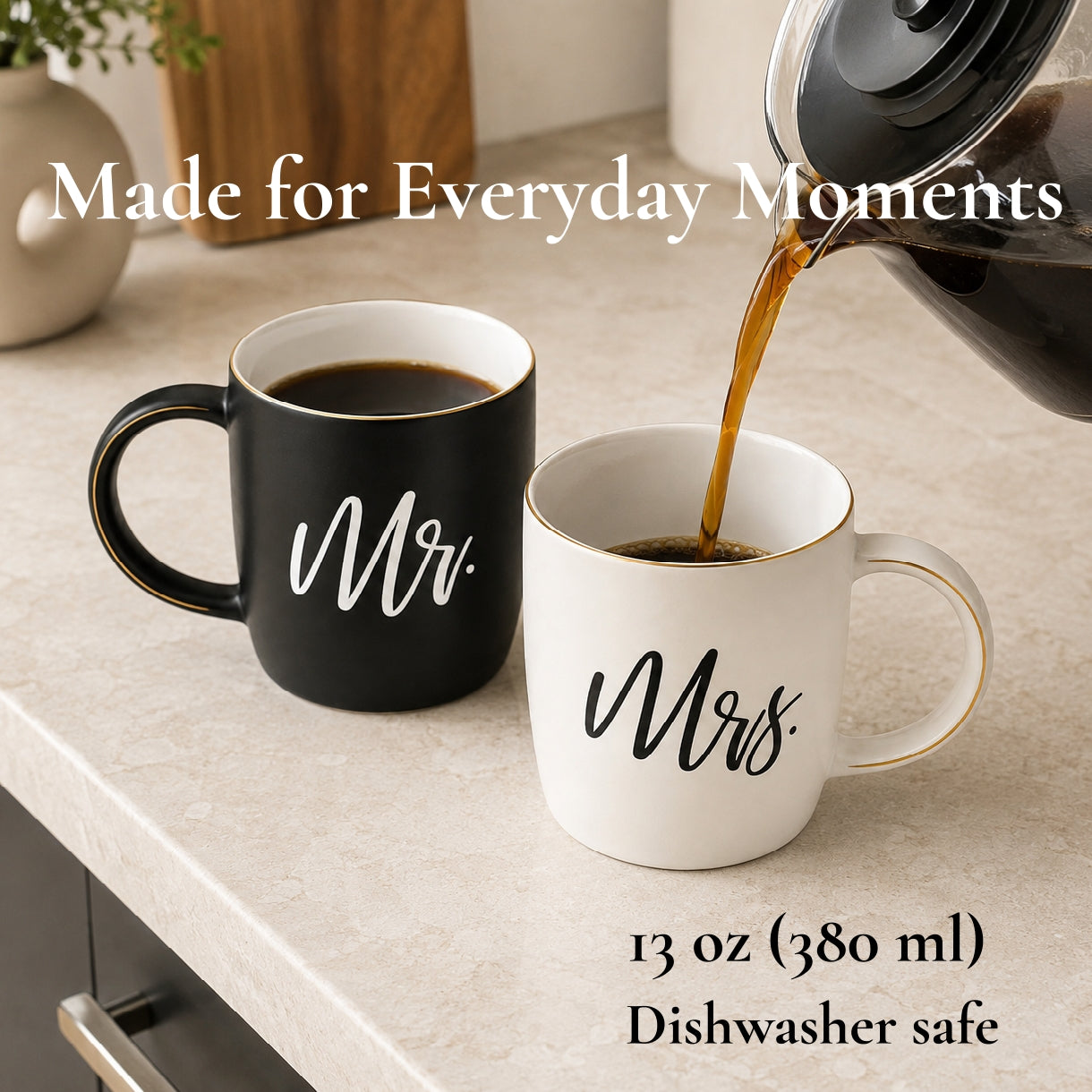 Black &amp; White Mr. and Mrs. Mugs with Gold Details in Gift Box