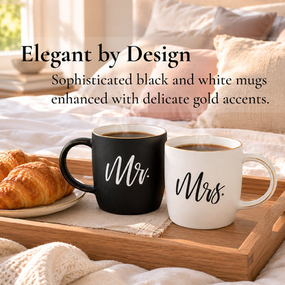 Black &amp; White Mr. and Mrs. Mugs with Gold Details in Gift Box
