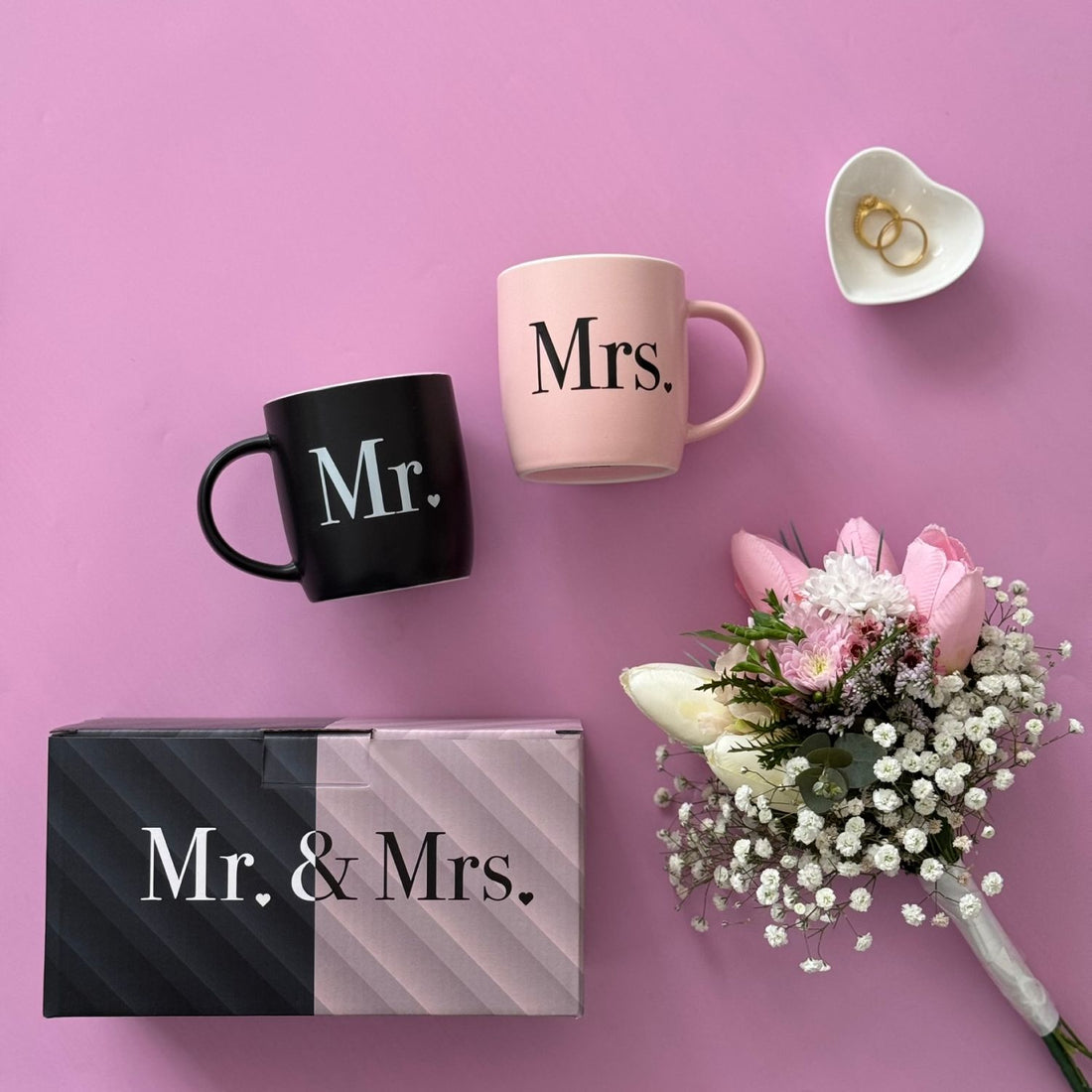 Mr. &amp; Mrs. Matte Black and Pink Mug Set
